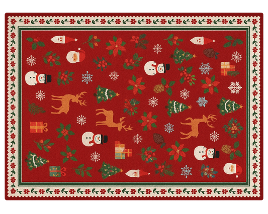 Hand-tufted wool Holiday Rug with Santa, gifts, and snowflakes on a red background.