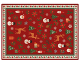 Hand-tufted wool Holiday Rug with Santa, gifts, and snowflakes on a red background.