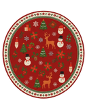 Luxury holiday-themed red wool round rug with Christmas icons and border detailing.