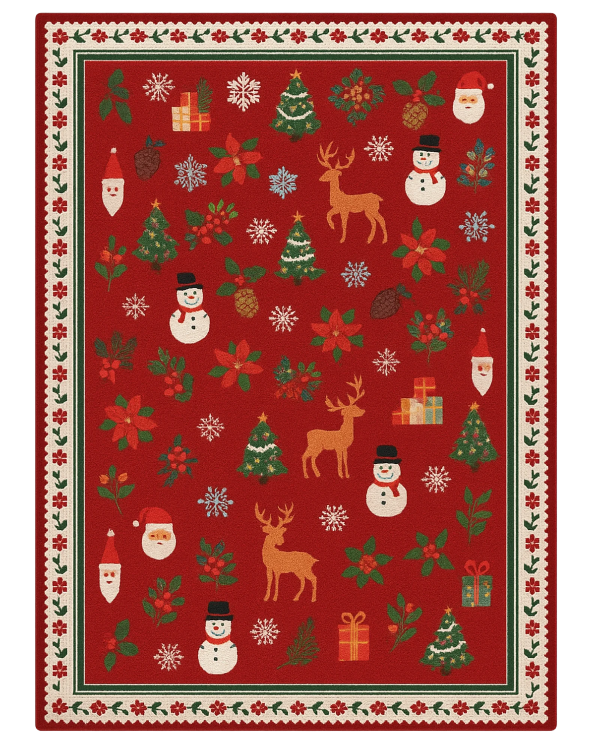 Festive Red Christmas Rug featuring reindeer, snowmen, and holiday motifs.