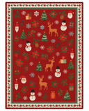 Festive Red Christmas Rug featuring reindeer, snowmen, and holiday motifs.