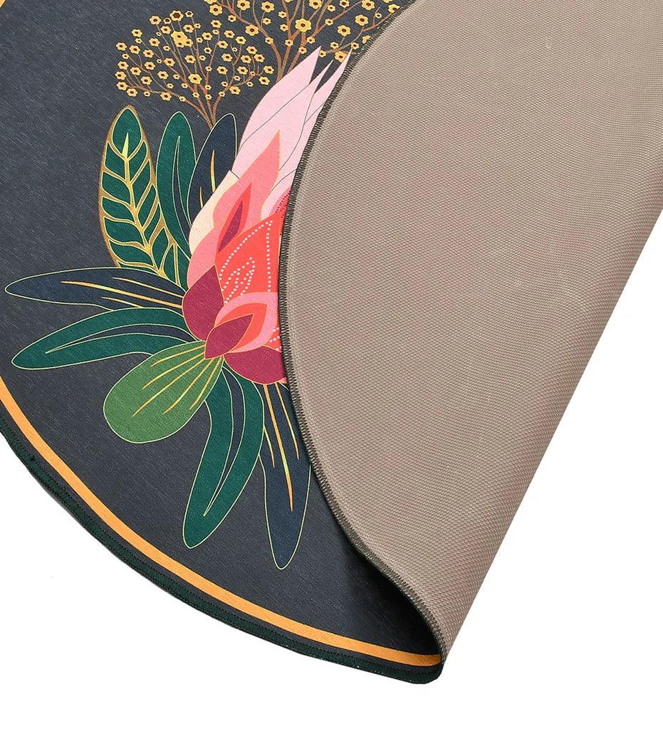 Machine washable round rug with delicate floral design.