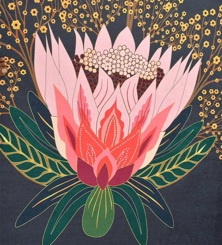Low-profile cream rug with multicolor flower designs.
