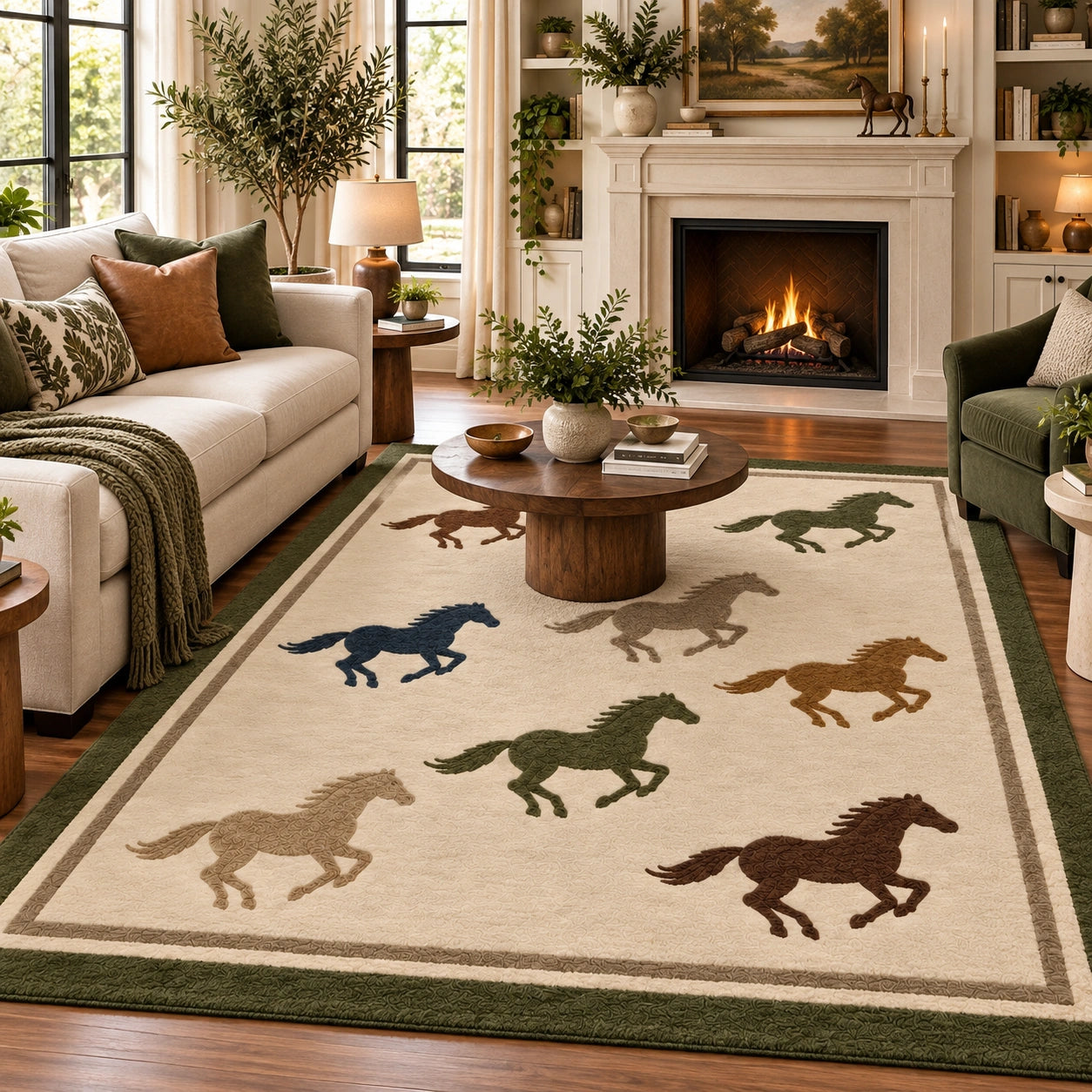Galloping horse hand-tufted wool area rug for a living room, 8x10 size