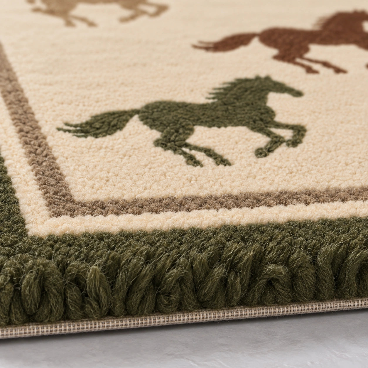 Equestrian horse wool area rug styled in a modern living room, 9x12 size
