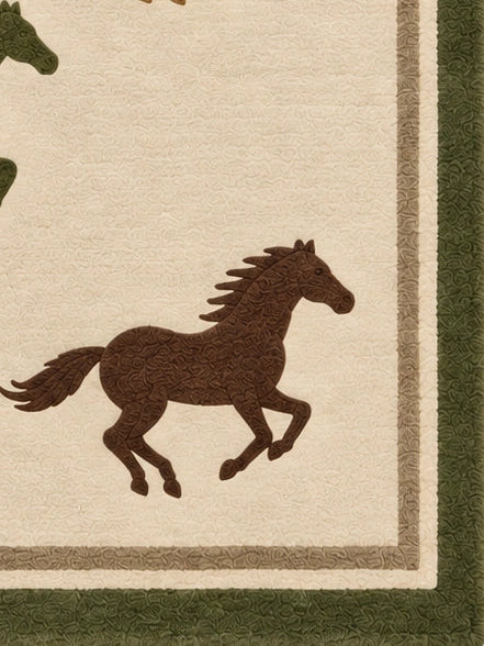 A rectangular area rug with a cream background featuring nine stylized galloping horses in various colors including brown, green, blue, tan, and orange. The rug is framed by a dark olive green border and a thin beige inner border.