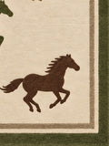 A rectangular area rug with a cream background featuring nine stylized galloping horses in various colors including brown, green, blue, tan, and orange. The rug is framed by a dark olive green border and a thin beige inner border.