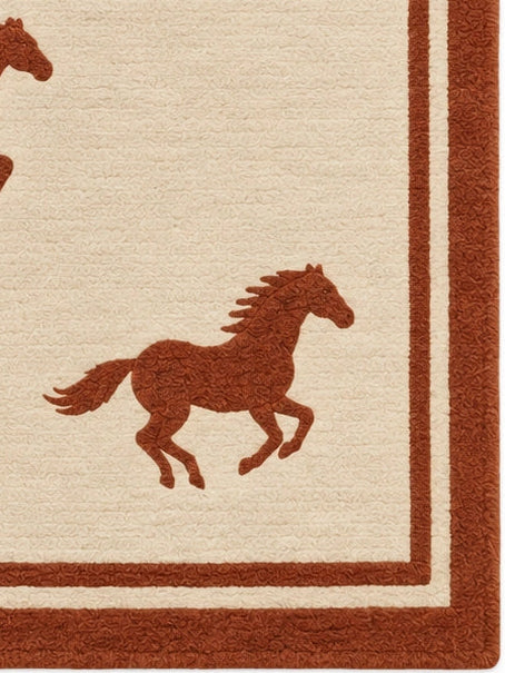 A rectangular area rug with a cream background, featuring a border and eight brown running horse motifs arranged across the surface.