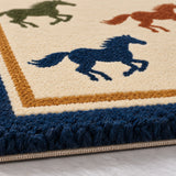 Navy blue and brown horse motif rectangular wool rug for living room, 8x10