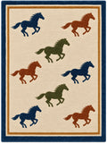 A rectangular area rug with a cream background featuring eight stylized running horses in navy blue, rust orange, and olive green, surrounded by a navy outer border and a tan inner border.