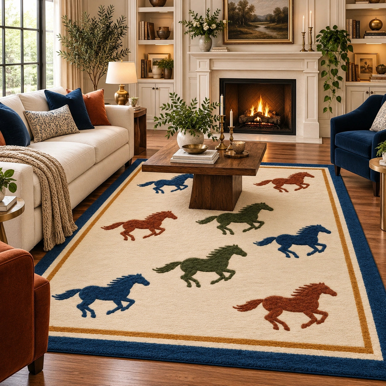 Galloping horse motif wool area rug in ivory, navy blue, brown and olive green 8x10