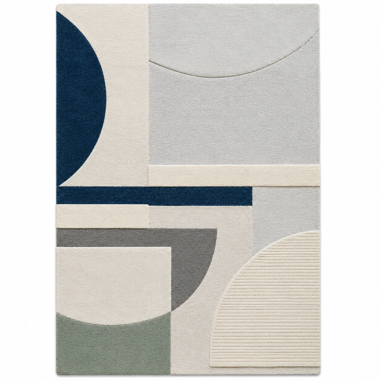 Geometric patterned rug with blue, gray, and beige colors on a white background