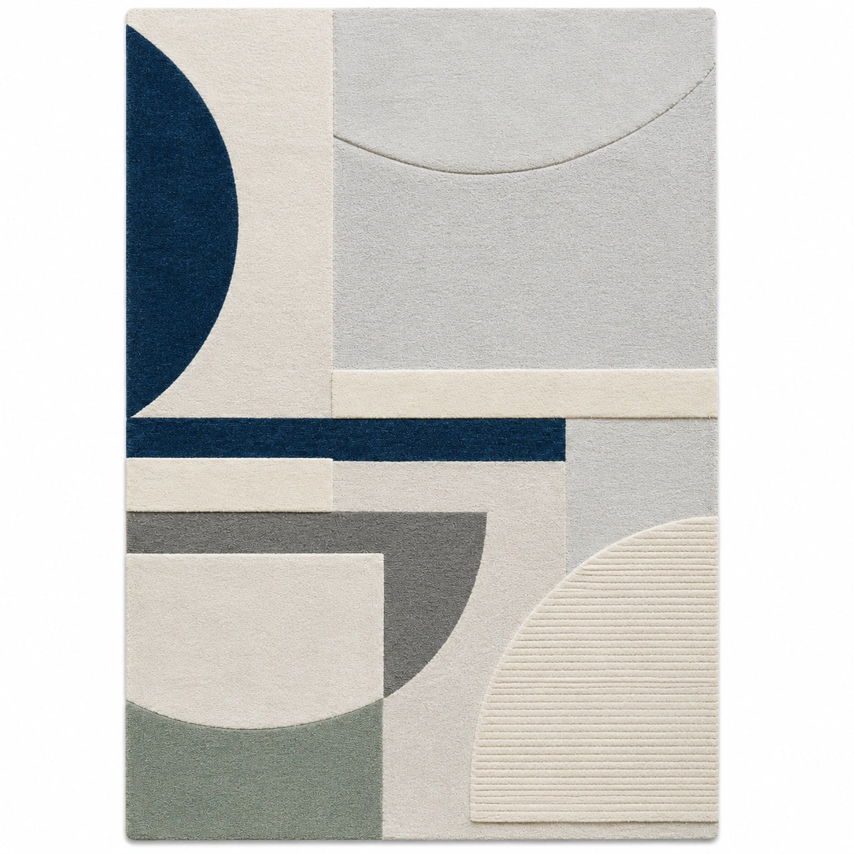Geometric patterned rug with blue, gray, and beige colors on a white background