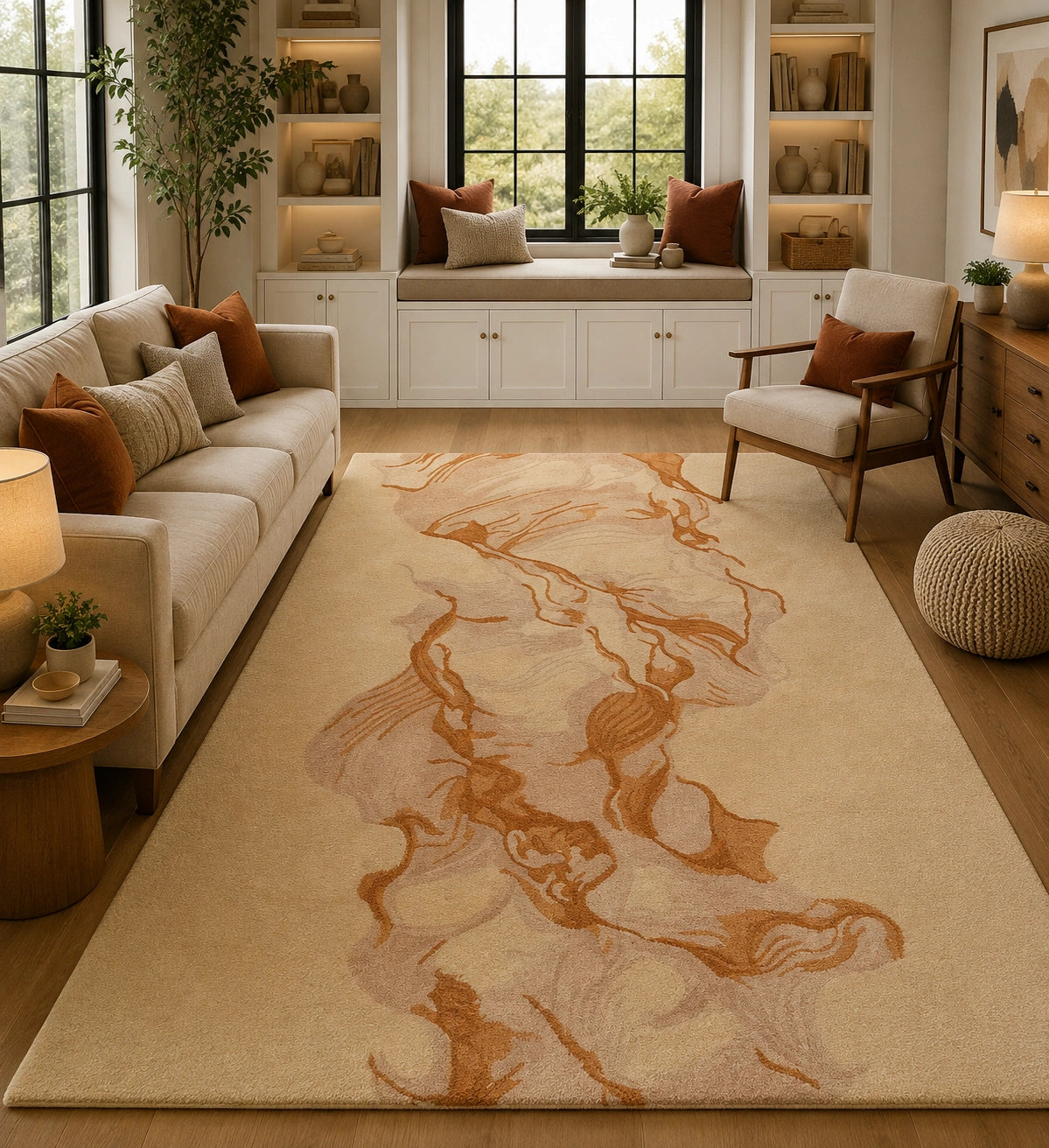 Gold beige abstract wool rug