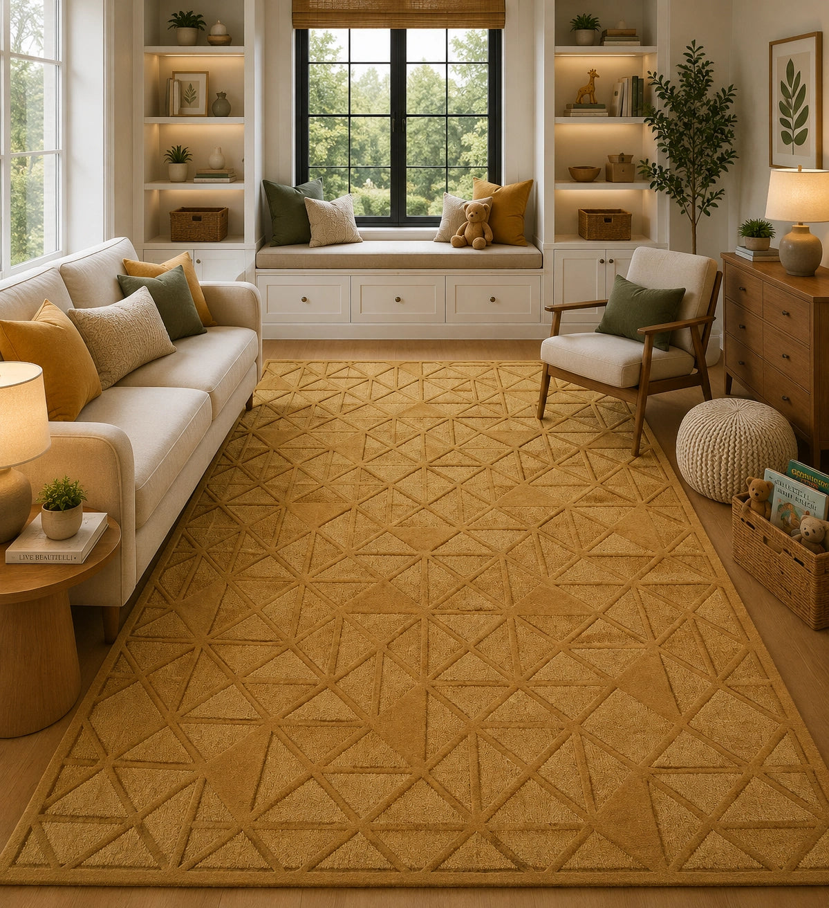 Gold geometric neutral wool rug