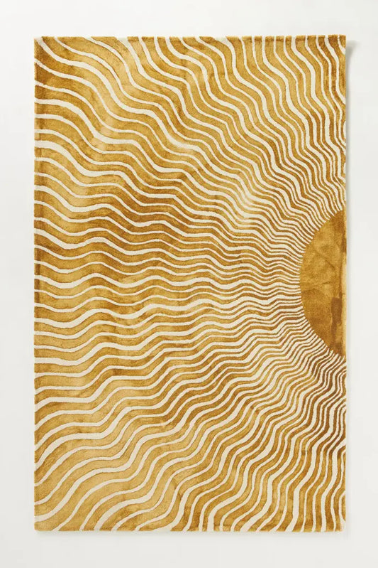 Golden sunburst wave hand-tufted rug for living room decor