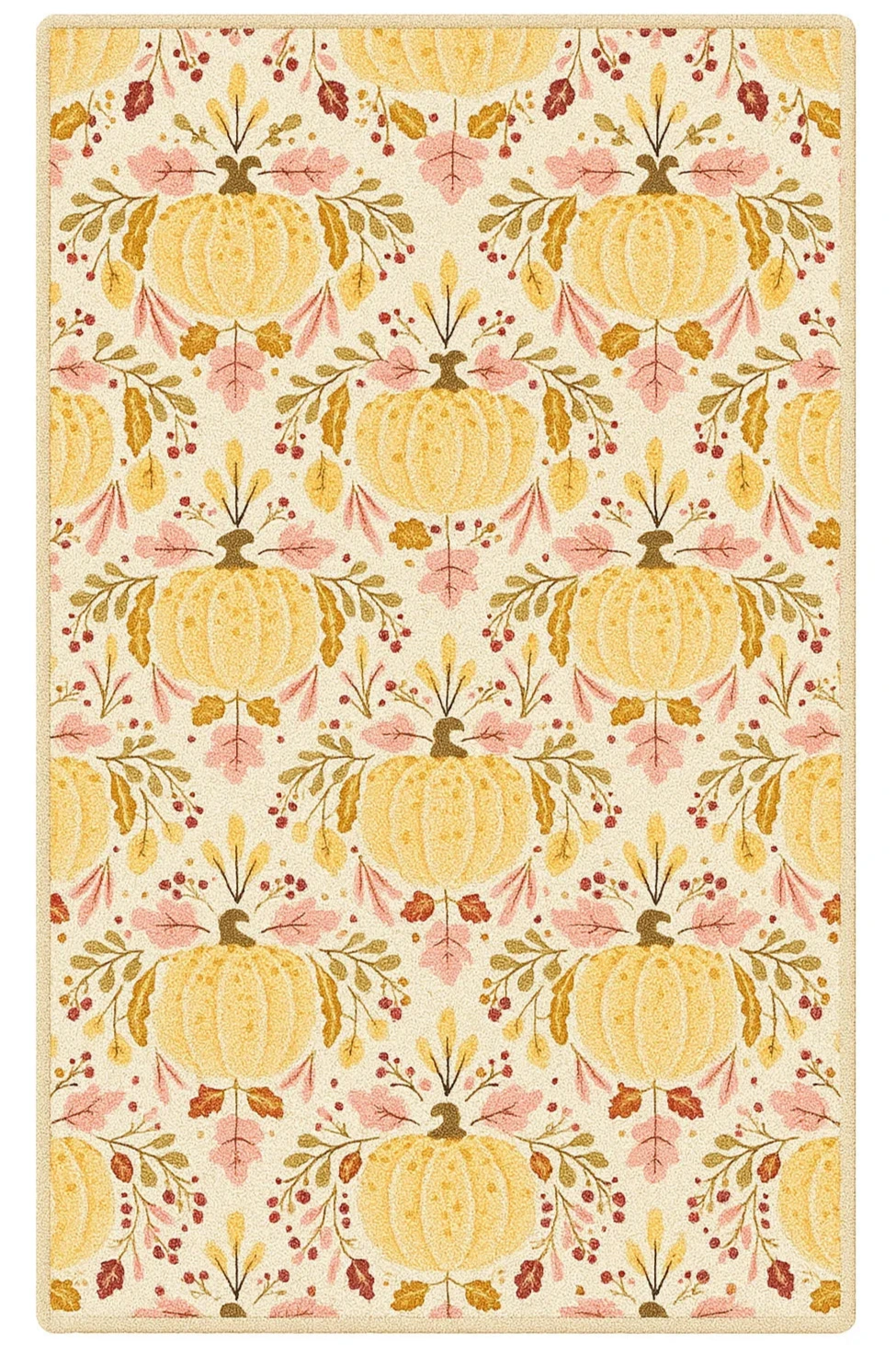Golden pumpkin floral fall rug with elegant harvest design.