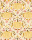 Decorative fall rug with golden pumpkins and autumn leaves pattern in warm tones