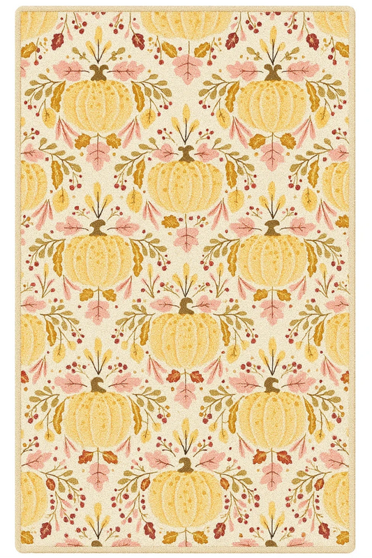 Golden pumpkin floral fall rug with elegant harvest design.