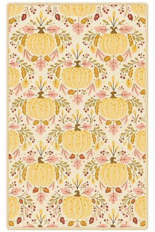 Golden pumpkin floral fall rug with elegant harvest design.