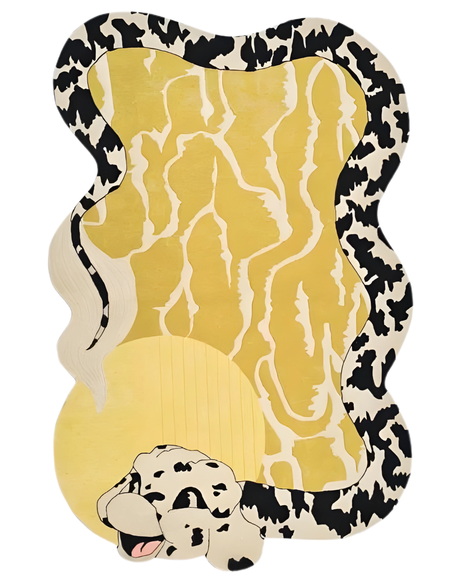 Hand-tufted yellow wool rug with black and ivory snake design and abstract shape