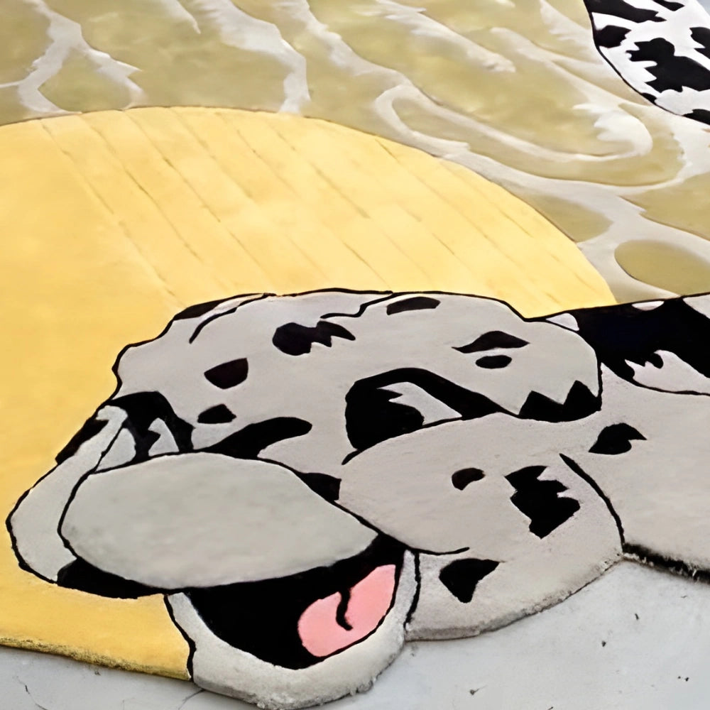 Artistic hand-tufted snake rug with abstract yellow pattern and bold black border