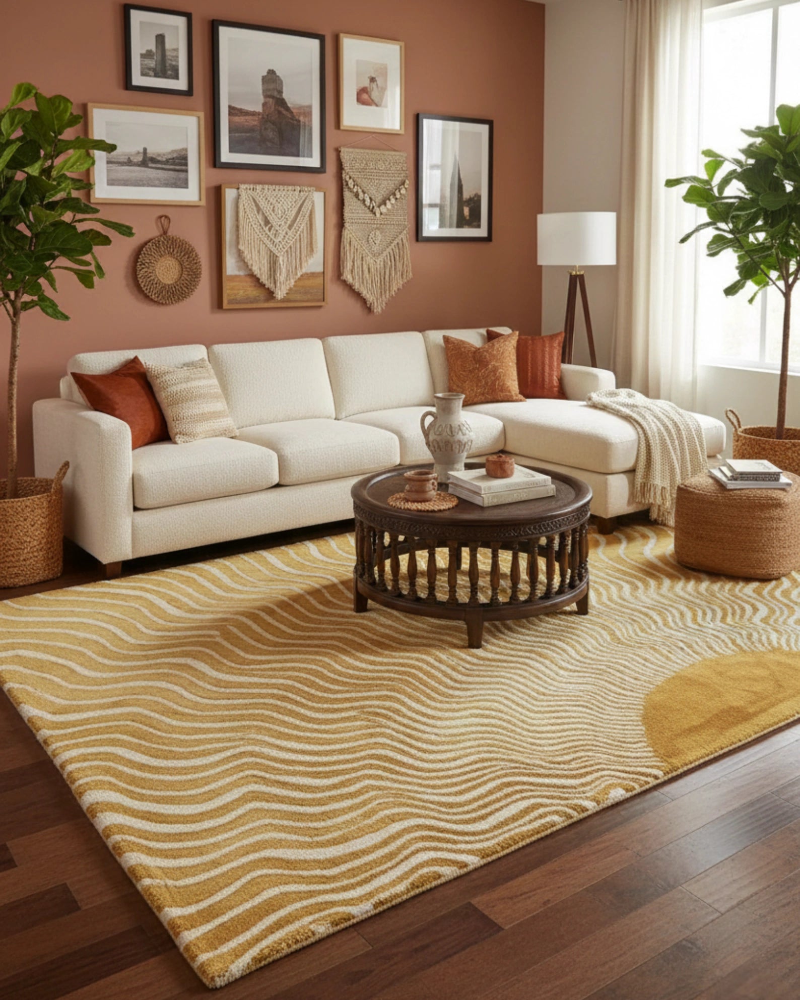 Golden brown abstract sunburst wave hand-tufted area rug styled in a living room, adding warmth, movement, and a bold contemporary accent