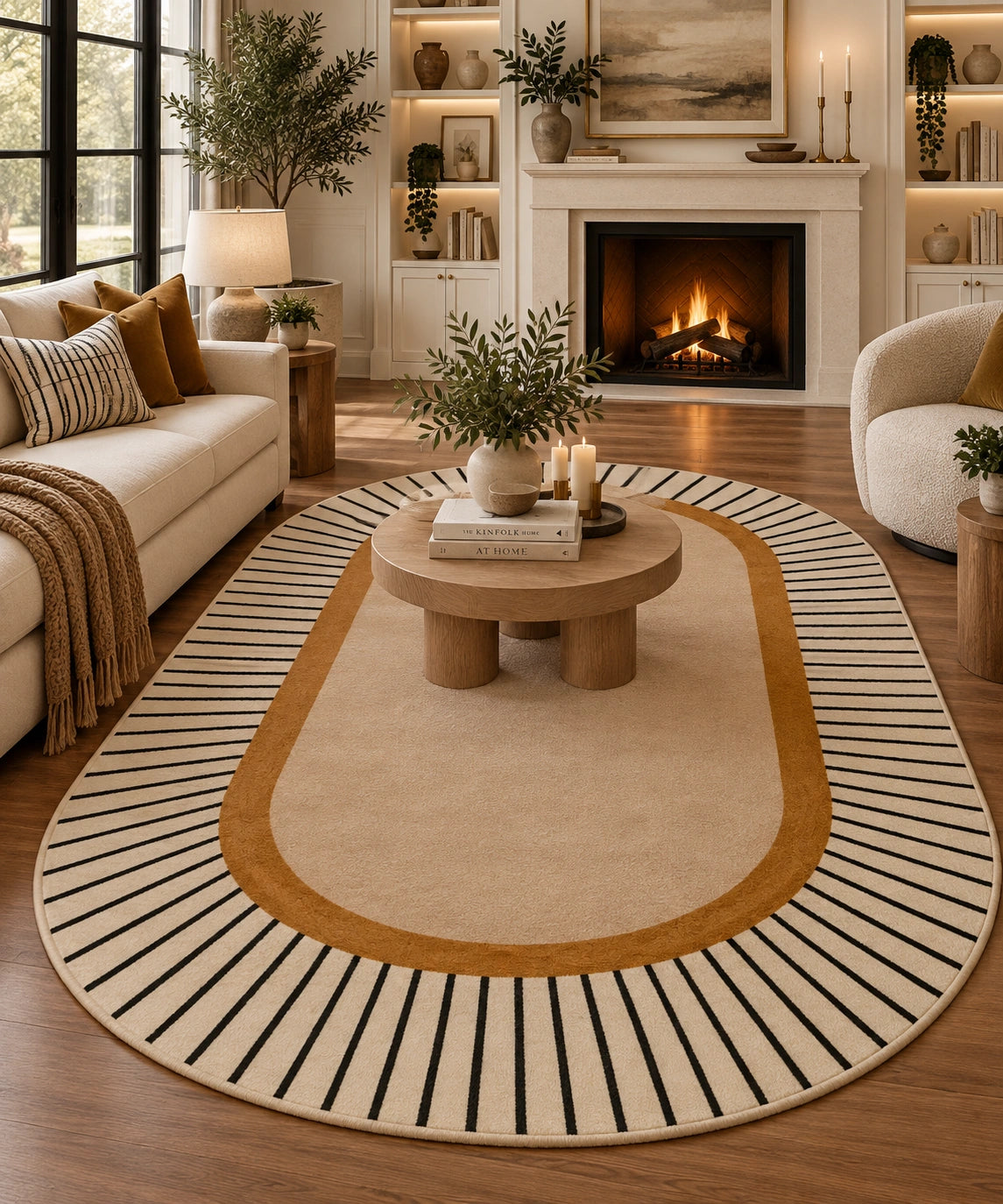 A large oval area rug with a cream center, a mustard-gold inner border, and black radial stripes around the edge, shown in a styled living room with a fireplace, sofa, and coffee table.
