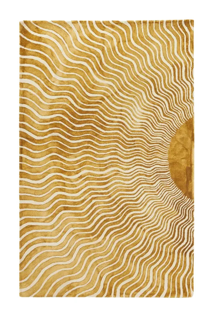 Golden Modern Abstract Sunburst Wave Hand-Tufted Wool Rug.