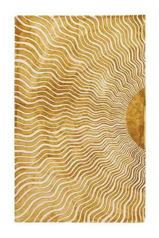 Golden Modern Abstract Sunburst Wave Hand-Tufted Wool Rug.