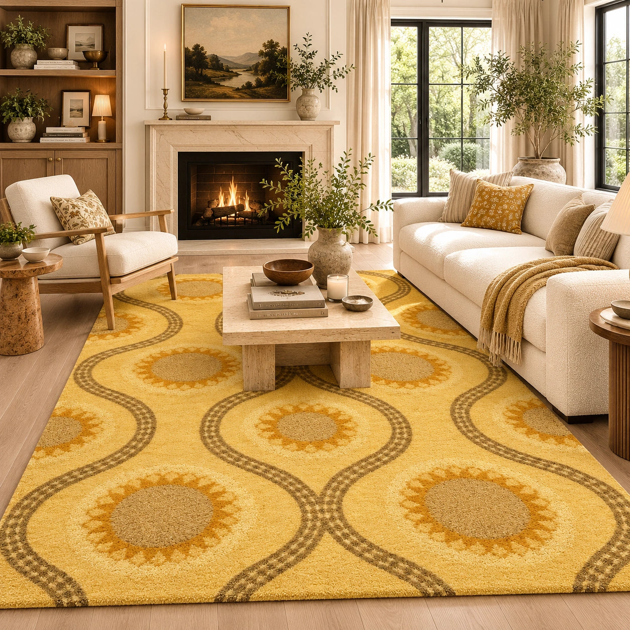 A large yellow area rug with a repeating sunflower and oval pattern in tan and brown, styled in a bright, modern living room with a white sofa, fireplace, and wooden coffee table.