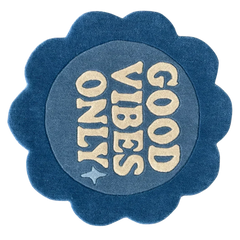 Round blue rug with 'Good Vibes Only' flower shaped