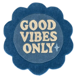 Blue flower-shaped luxury rug with cream text 'GOOD VIBES ONLY' and a star, handwoven by Mannat Rugs
