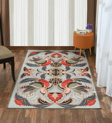 Machine washable gray area rug with bird and floral design.