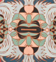 Low-profile gray rug with delicate nature-inspired motifs.