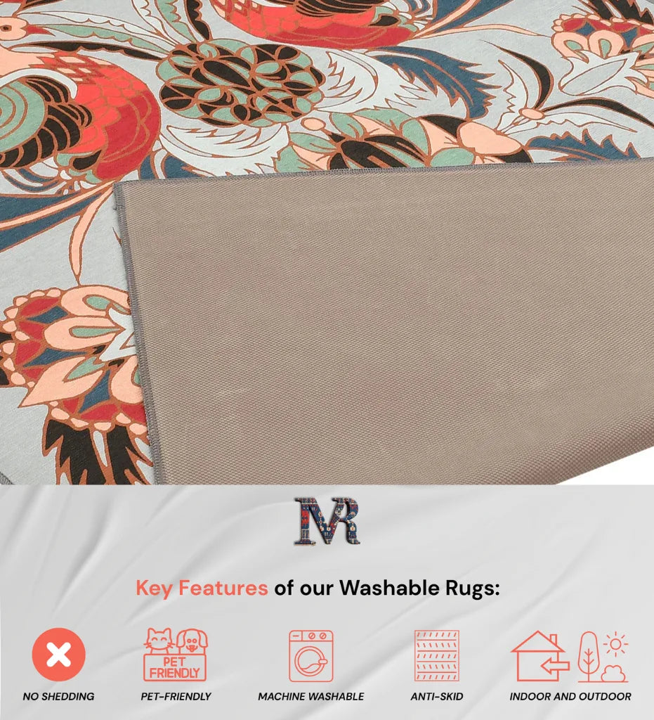 Elegant gray bird floral rug perfect for living rooms and bedrooms.