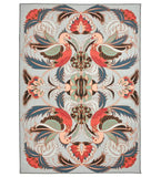 Luxury handwoven floral rug with symmetrical bird design in gray, red, blue, and green tones