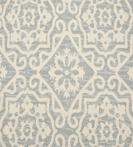 Elegant gray and cream patterned rug for living room decor.