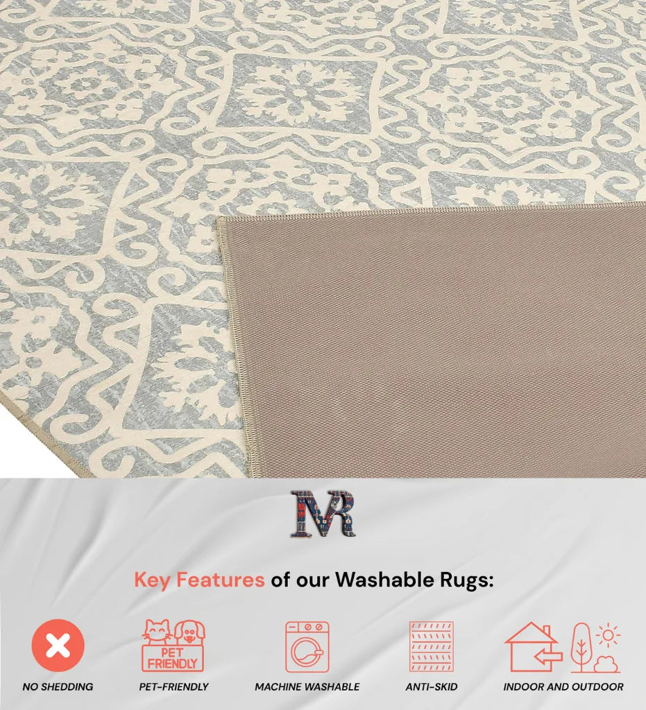Washable gray patterned rug for traditional or modern spaces.