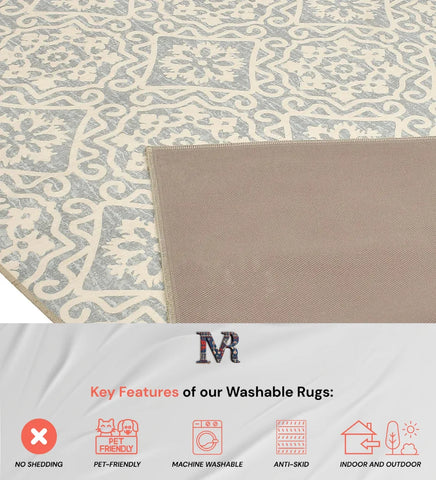 Washable gray patterned rug for traditional or modern spaces.
