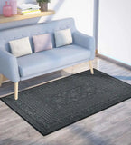 Gray ornate border design luxury rug under light blue sofa with pastel cushions on wooden floor