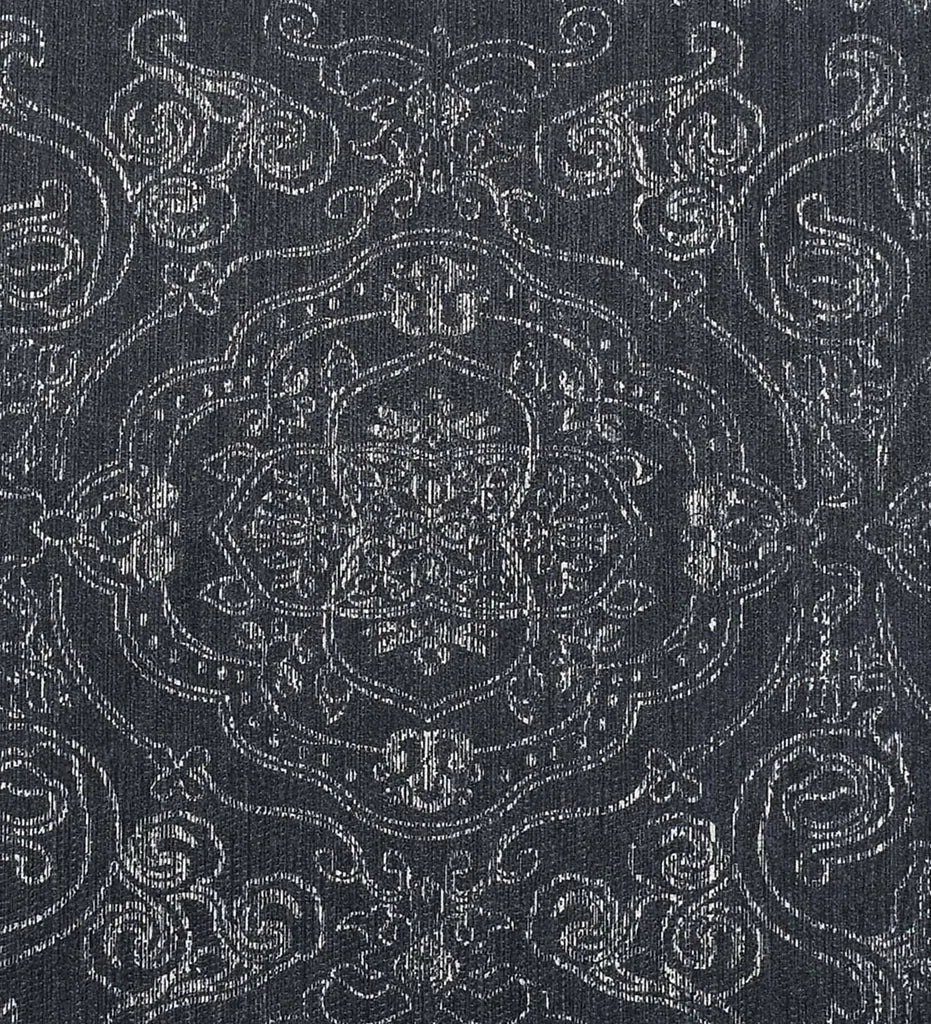 Elegant gray area rug with intricate border design.