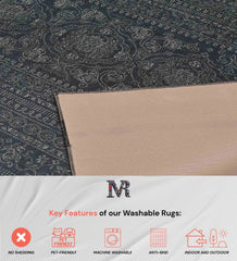 Soft gray traditional style rug with washable feature.