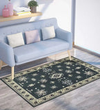 Gray tribal medallion border design rug on wood floor under light blue modern sofa with cushions