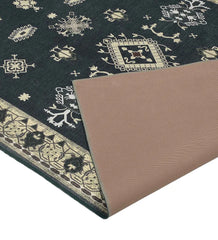 Washable area rug featuring tribal medallion and border.