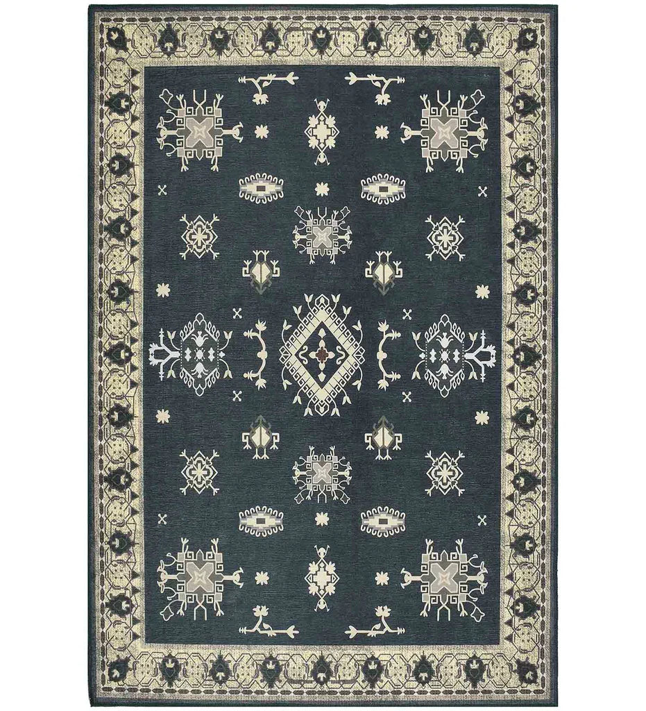Gray tribal medallion rug with border design.