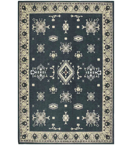 Gray tribal medallion rug with border design.
