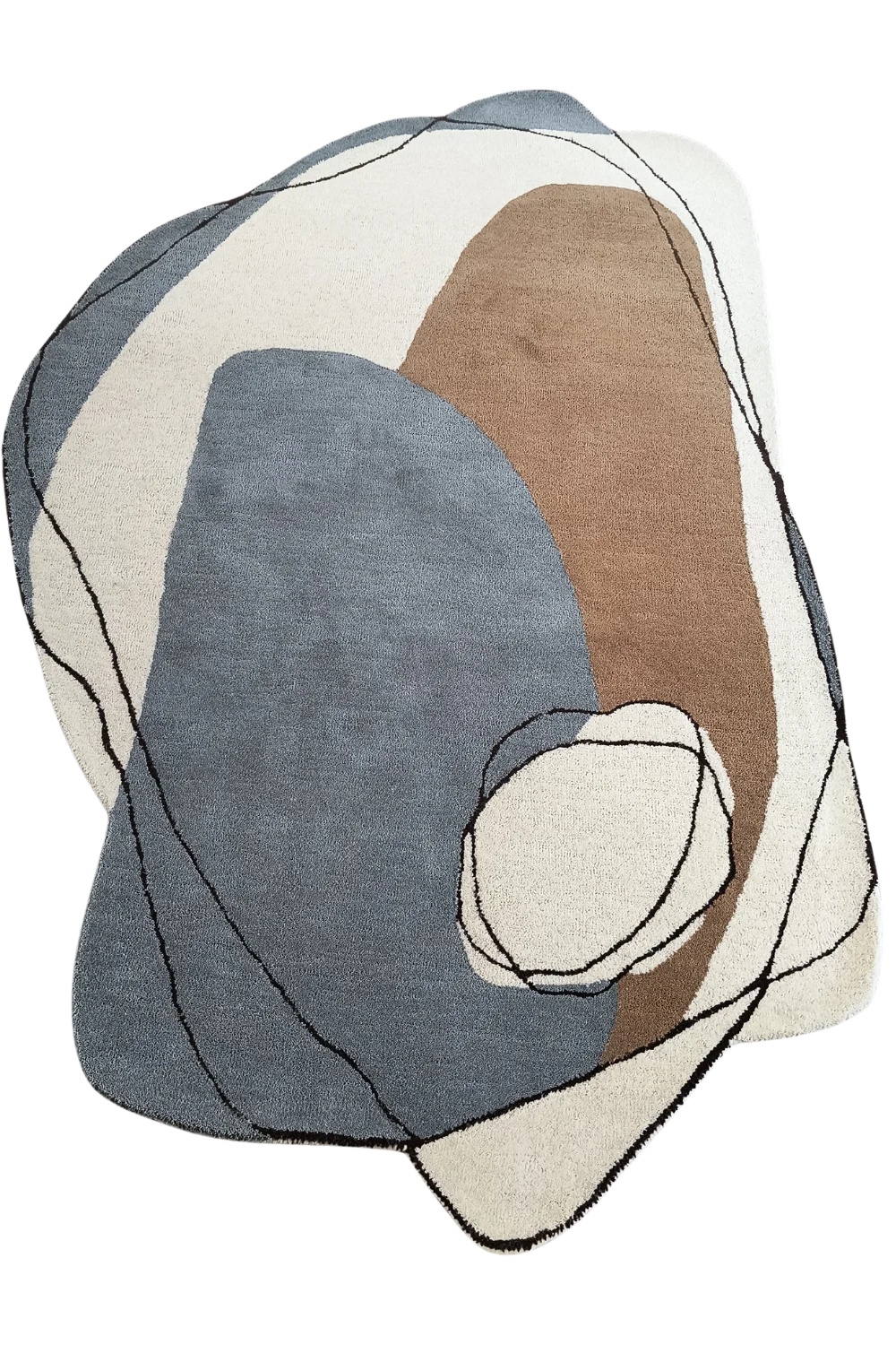 Abstract modern hand-tufted wool rug with grey and brown shapes.