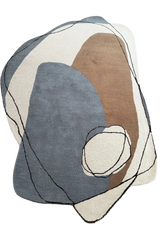 Abstract modern hand-tufted wool rug with grey and brown shapes.