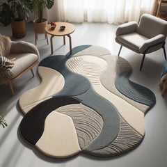 Sculptural 3D wool rug with modern wave design.